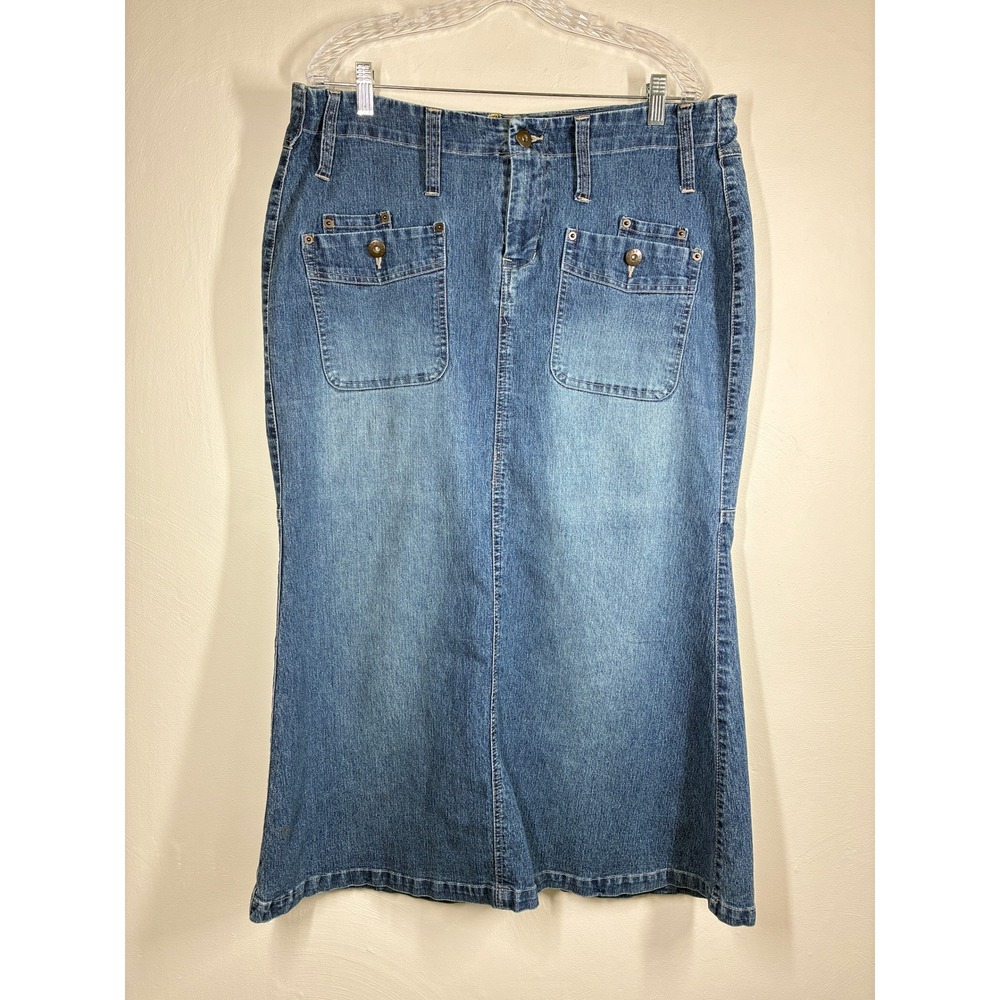 Vintage Y2K Lipsy Blue Denim Midi Skirt 18 Cargo Pockets Long Plus Size Flared